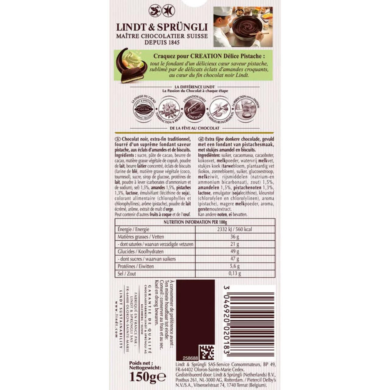 Tablette Lindt Création noir – délice pistache amande (150 g)