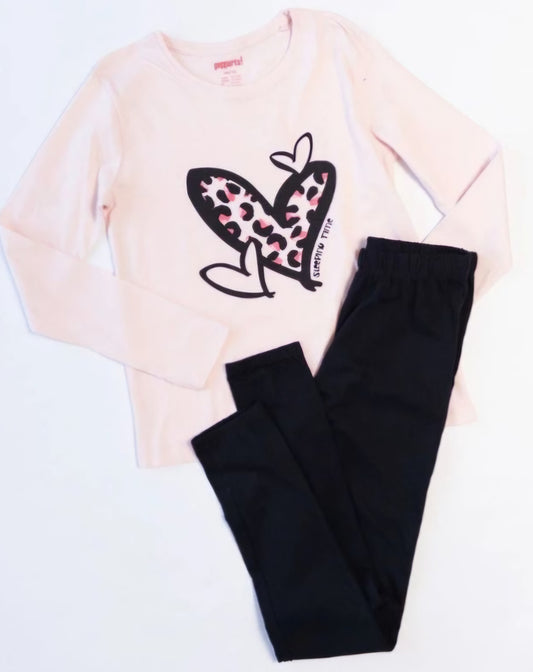 Pyjama fille 12/14 ans – 100% coton – Rose et noir – Motif cœur léopard