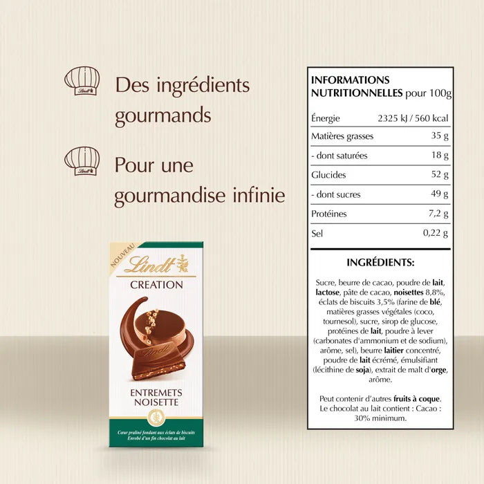 Tablette Lindt Création lait – entremets noisette (150 g)