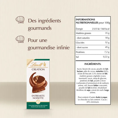 Tablette Lindt Création lait – entremets noisette (150 g)