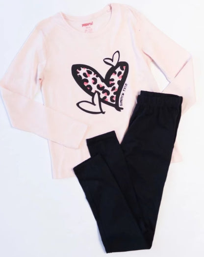 Pyjama fille 12/14 ans – 100% coton – Rose et noir – Motif cœur léopard