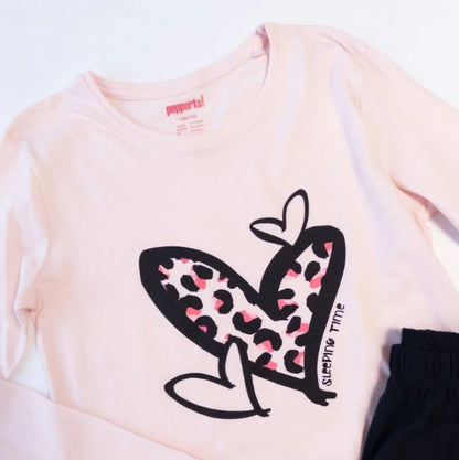 Pyjama fille 12/14 ans – 100% coton – Rose et noir – Motif cœur léopard