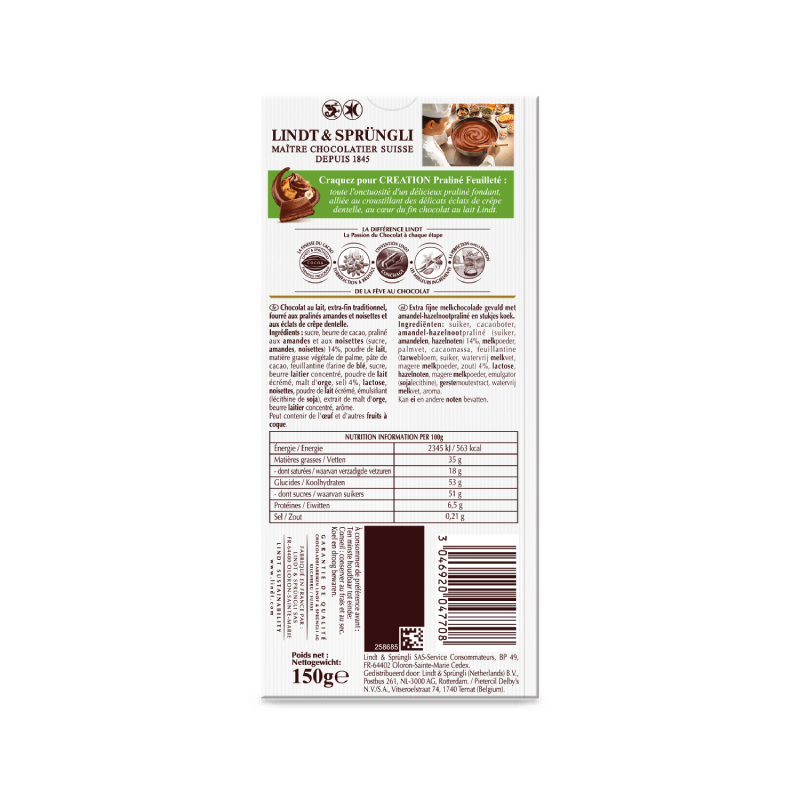 Tablette Lindt Création lait – praliné feuilleté (150 g)